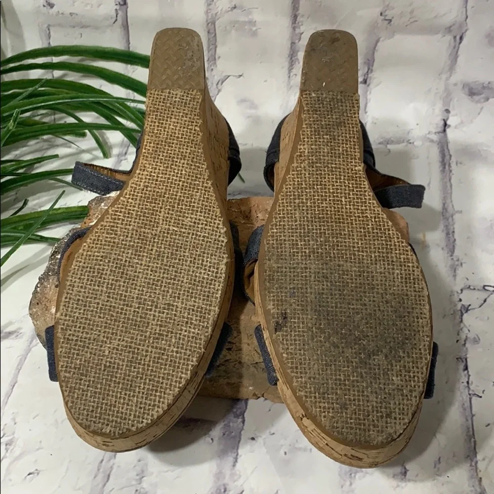 Toms Wedges Sienna Chambray Denim Ankle Strap Cork Sandals